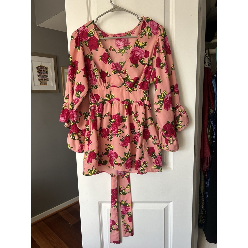 Betsey Johnson Pink Floral Blouse VNeck Bell Sleeve Tie Back Waist Boho Top Sz M